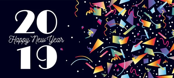 Feliz Año Nuevo 2019 Social Media Cover Design Party Confetti — Vector de stock