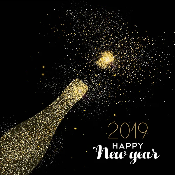 Happy New Year 2019 Gold Champagne Bottle Celebration Made Realistic - Stok Vektor