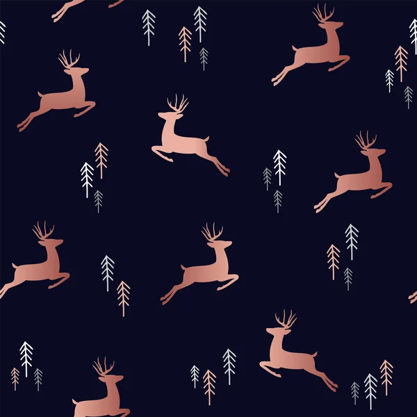 Eenvoudige Kerstmis Naadloze Patroon Koperen Hert Silhouetten Met Xmas Pine — Stockvector