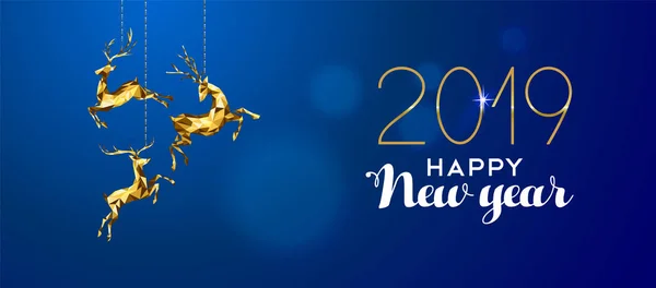 Frohes Neues Jahr 2019 Nachricht Mit Gold Low Poly Rentier — Stockvektor