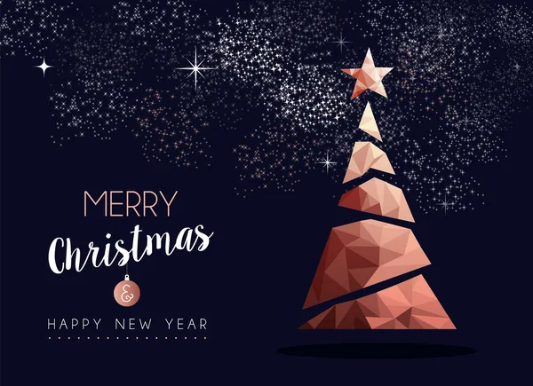 圣诞快乐 新年快乐 花哨的铜松树 在嬉皮士三角低聚风格 圣诞贺卡或优雅的节日派对邀请的理想选择 — 图库矢量图片