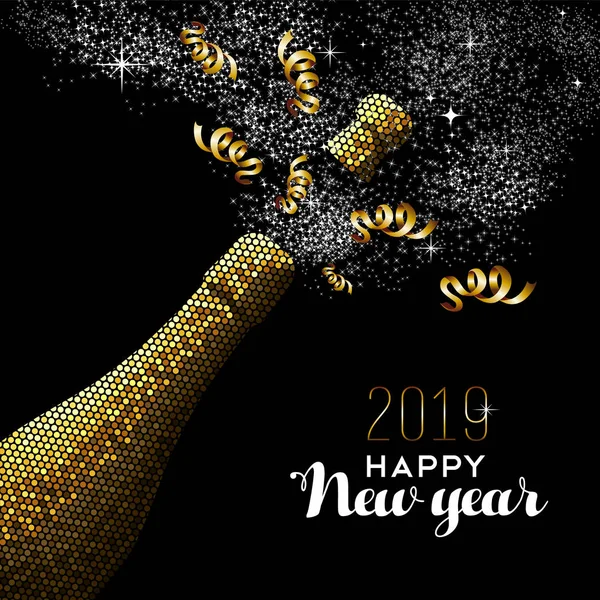 Happy new year 2019 luxury gold champagne bottle in mosaic style. Ideal for holiday card or elegant party invitation