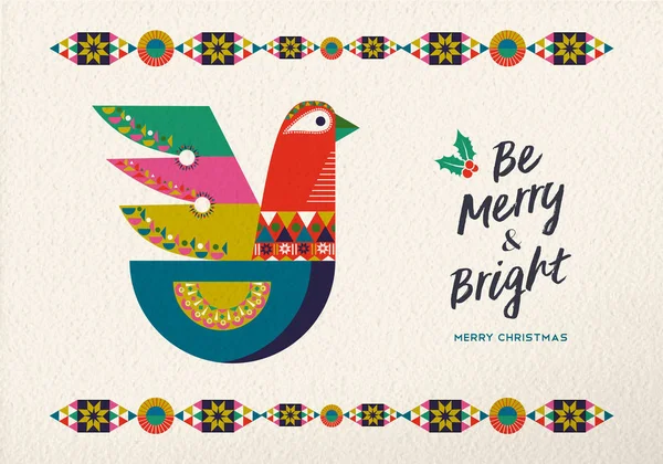 Feliz Navidad Arte Popular Tarjeta Felicitación Pájaro Ilustración Paloma Estilo — Archivo Imágenes Vectoriales