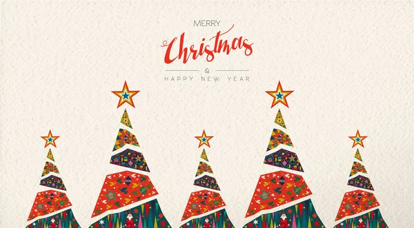 メリー クリスマスと新年あけましておめでとうございます民芸グリーティング カード イラスト お祭りの色の伝統的な幾何学図形を北欧スタイル クリスマス松の木 — ストックベクタ