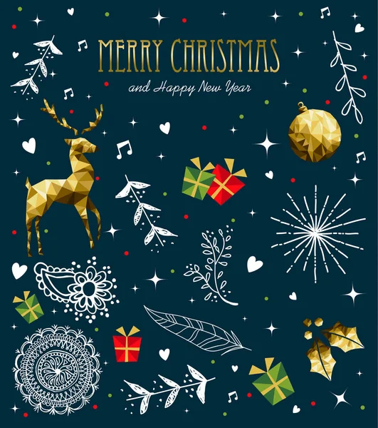 圣诞快乐贺卡与新年文字报价和黄金豪华装饰 包括鹿 圣诞装饰品 冬青叶 — 图库矢量图片