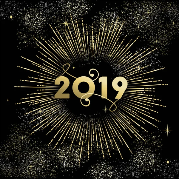 快乐新年2019年贺卡设计与黄金党烟花爆炸在夜空 — 图库矢量图片