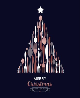 Neşeli Noel ve mutlu yeni yıl tebrik kartı çam ağacı şekil verme yiyecek çatal bıçak takımı kaplar. Restoran kutlama olay kavramı.