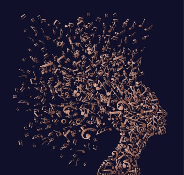 Müzik notlar splash gelen kadının baş illüstrasyon lüks bakır renkli.