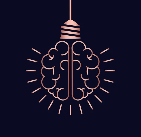 明亮的想法简单的概念设计 豪华铜色人脑作为灯泡灯在干净的现代线条艺术风格 — 图库矢量图片