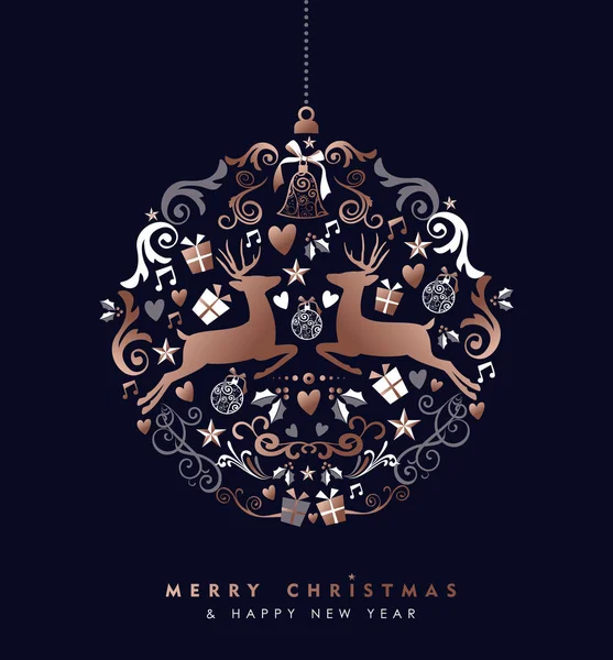 圣诞快乐新年贺卡设计 节日元素和驯鹿在铜色制作的小球装饰形状剪影 — 图库矢量图片