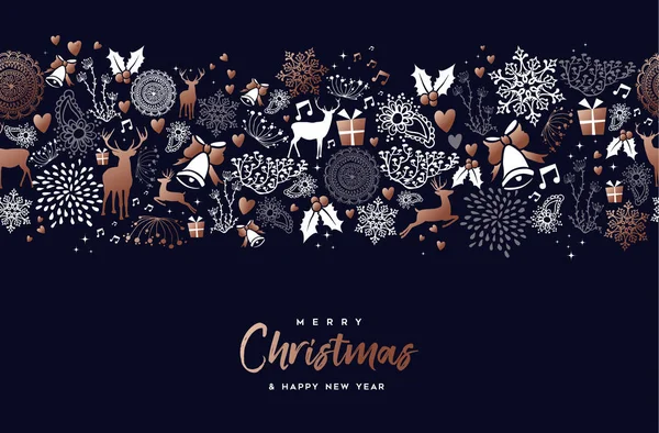 Veselé Vánoce Šťastný Nový Rok Měděné Vzor Dekorace Ornamenty Jelenů — Stockový vektor