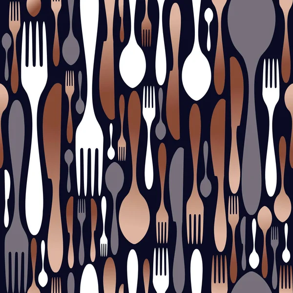 レストラン用品アイコン フォーク ナイフ スプーンで銅のカトラリー シームレス パターン — ストックベクタ