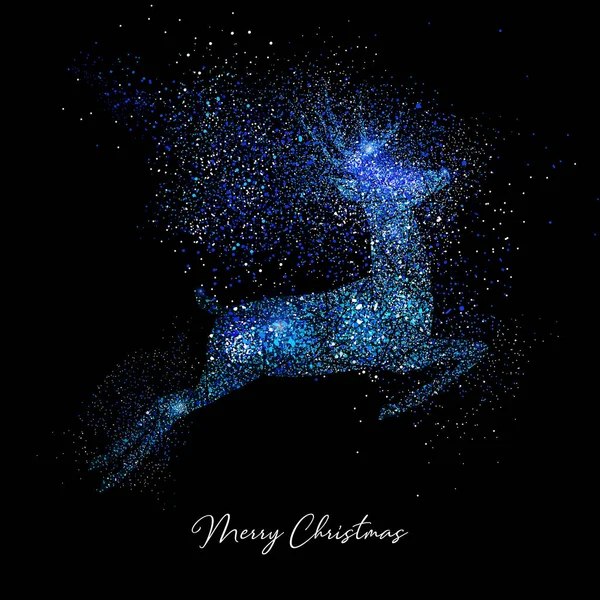圣诞快乐蓝鹿豪华贺卡设计 由黑色背景上的金属闪光灰尘制成的驯鹿 — 图库矢量图片
