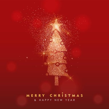 Mutlu Noeller ve mutlu yeni yıl lüks tebrik kartı illüstrasyon, tatil metin teklif şenlikli kırmızı zemin üzerine altın glitter doku xmas çam ağacı yapılmış.
