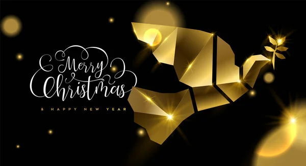 メリー クリスマス新年高級グリーティング カード イラスト 黒の現実的な 固体金鳩鳥祭りタイポグラフィ引用と背景し ライトをぼかし — ストックベクタ