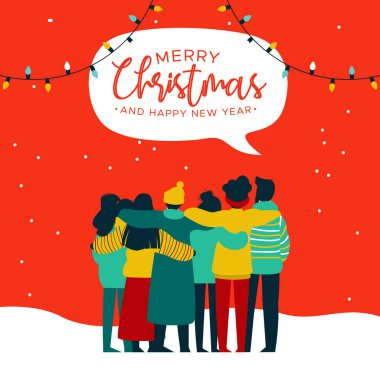 Gençler arkadaş grubu sarılma birlikte xmas tatil partide neşeli Noel ve mutlu yeni yıl tebrik kartı örnektir. Takım arkadaşları çeşitli kültür kutluyor.