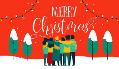 Gençler arkadaş grubu birlikte xmas tatil kış partisinde sarılma neşeli Noel tebrik kartı örnektir. Çeşitli sosyal arkadaş ekip farklı kültürlerden kutluyor.