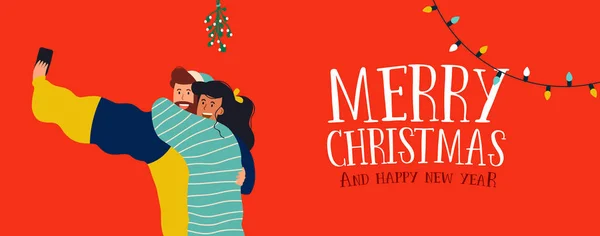 Feliz Natal Feliz Ano Novo Web Banner Ilustração Casal Milenar — Vetor de Stock