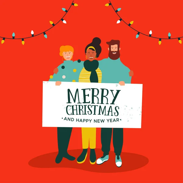 Joyeux Noël Bonne Année Carte Voeux Illustration Groupe Amis Jeunes — Image vectorielle