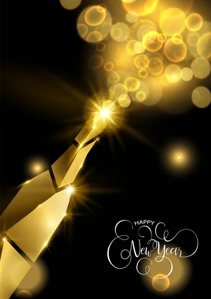 Nya Året Lyx Gyllene Gratulationskort Illustration Champagneflaska Splash Gjord Massivt — Stock vektor