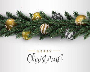 Neşeli Noel mutlu yeni yıl kartı. Gerçekçi çam ağacı çelenk garland ile altın ve siyah xmas süsleme top lüks tatil daveti veya mevsim tebrik için.