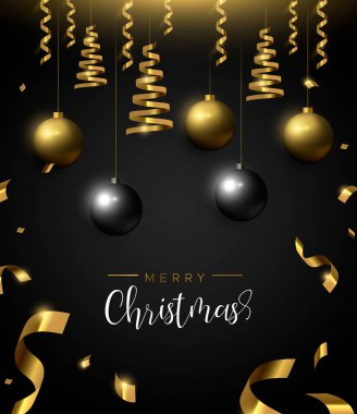 Neşeli Noel kartı, altın ve siyah Noel biblo süsler. Daveti veya mevsim tebrik için lüks tatil topları arka plan.