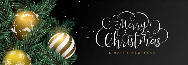 メリー クリスマス新年あけまして Web バナー ゴールド クリスマス安ピカ装飾と黒い背景に現実的な松の木 招待状や季節の挨拶のため贅沢な休日のデザイン — ストックベクタ