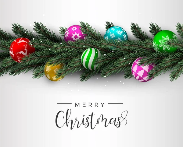 メリー クリスマス カード カラフルなクリスマス飾りボールがクリスマス招待状や季節の挨拶のため現実的なパイン ツリー リース ガーランド — ストックベクタ