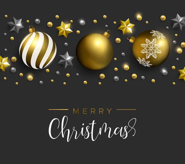 Merry Christmas Card Gouden Realistische Bauble Ornamenten Sterren Zwarte Achtergrond — Stockvector