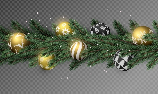 现实的圣诞树花环与金圣诞装饰球在透明的背景 — 图库矢量图片