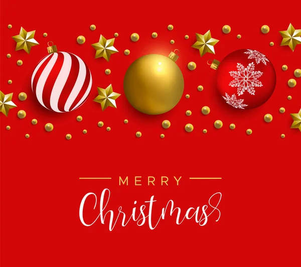Merry Christmas Card Rode Realistische Bauble Ornamenten Gouden Sterren Luxe — Stockvector