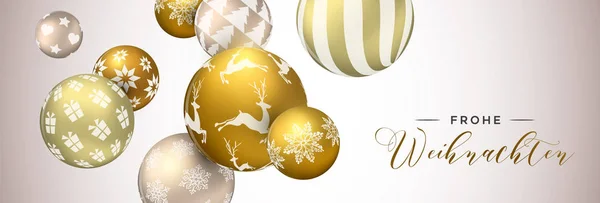 Merry Christmas Webbanner Duitse Taal Gouden Xmas Bauble Ornamenten Achtergrond — Stockvector