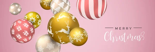 Joyeux Noël Bannière Web Rose Ornements Boules Noël Fond Boules — Image vectorielle