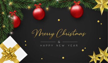Neşeli Noel ve mutlu yeni yıl lüks tebrik kartı, gerçekçi kırmızı biblo Hediyelik kutu ve çam ağacı siyah arka plan üzerine süs eşyaları.