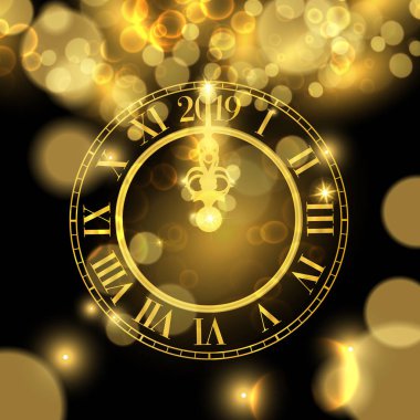 Mutlu yeni yıl lüks altın web banner Gösterim, 2019 numara siyah arka plan üzerinde işaretleme saat.