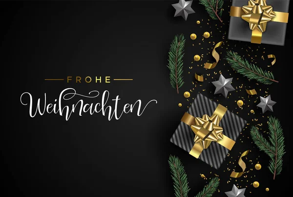 ドイツ語でメリー クリスマス カード ゴールドの現実的なギフト ボックスの要素 紙吹雪 星と黒い背景に松の木の葉 高級ホリデイ レイアウト図 — ストックベクタ