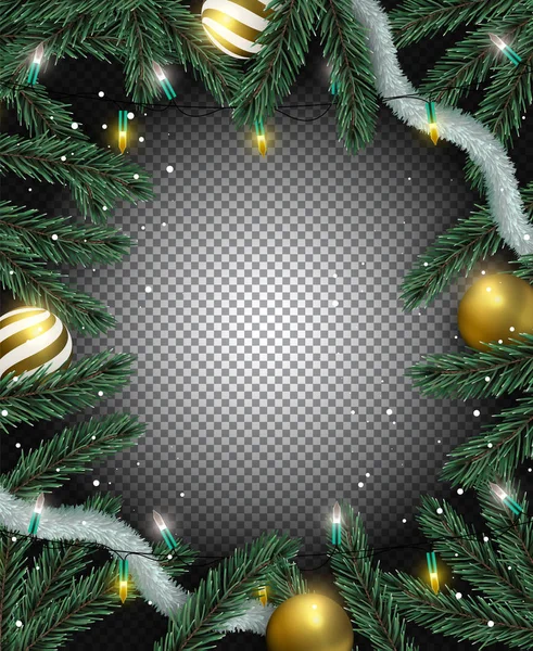 Transparenter Weihnachtlicher Hintergrund Goldkugeln Ornamente Weihnachtslichter Und Realistische Kiefer Auf — Stockvektor