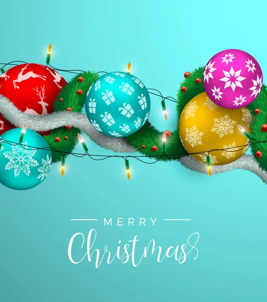 Feliz Cartão Natal Realista Ilustração Colorido Xmas Bauble Ornamentos Com — Vetor de Stock