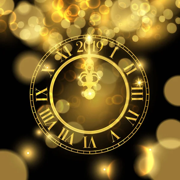 新年快乐豪华金网横幅例证 时钟标记2019年数字在黑色背景 — 图库矢量图片