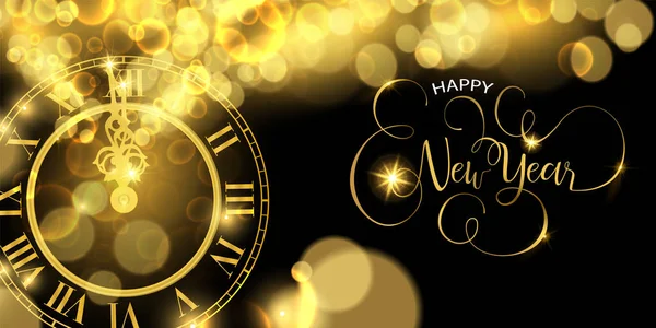 新年快乐豪华金网横幅例证 时钟标记午夜时间在黑色背景 — 图库矢量图片