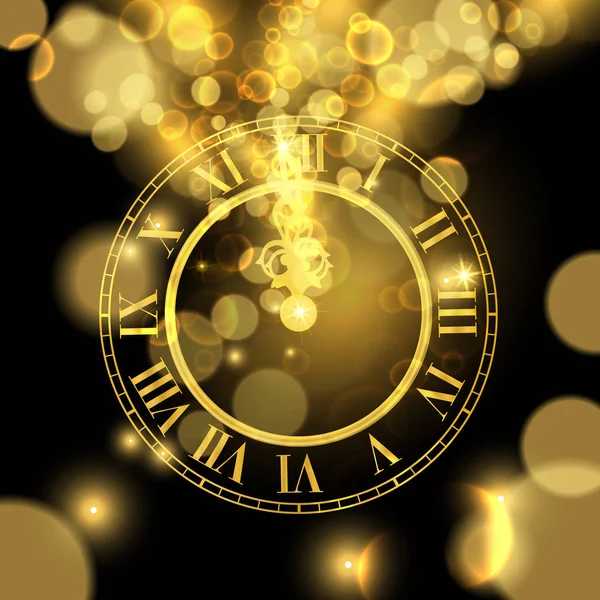 新年快乐豪华金色插图 时钟标志着午夜时间在黑色背景 — 图库矢量图片