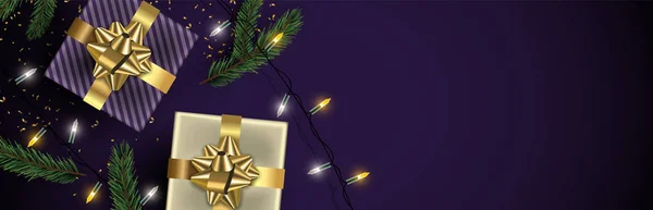 Χριστούγεννα Web Banner Φόντο Ρεαλιστική Δώρων Χρυσό Κουτί Στοιχεία Χριστούγεννα — Διανυσματικό Αρχείο