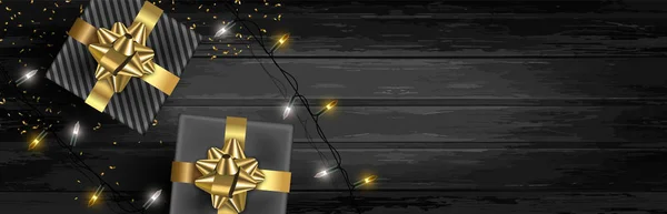 Fondo Banner Web Navidad Elementos Realistas Caja Regalo Luces Navidad — Vector de stock