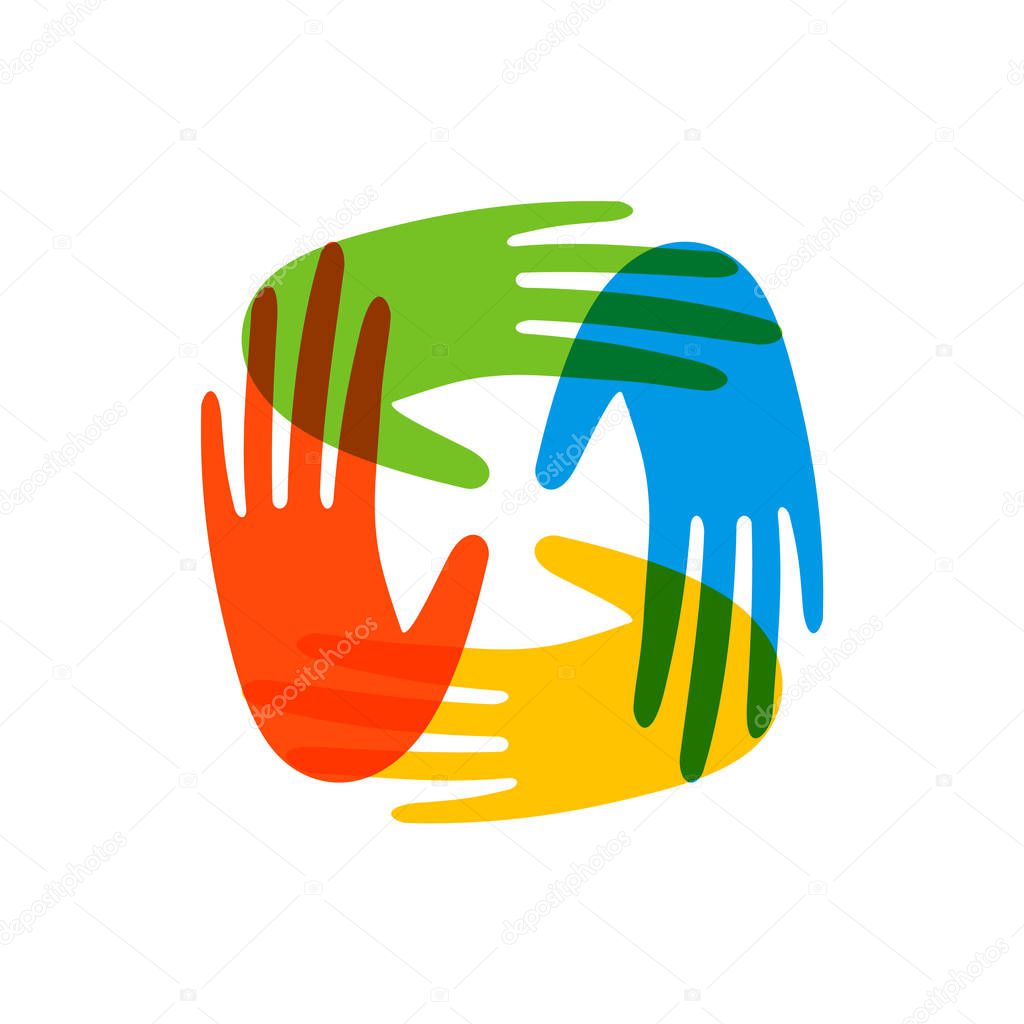 Colorful human hands together on isolated background. Social work illustration or community help. 