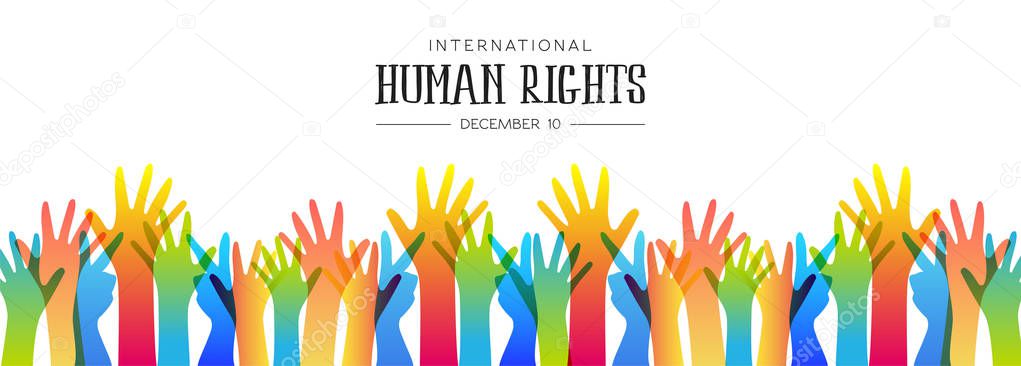 International Human Rights day illustration for global equality and peace with colorful people hands, social diversity concept.