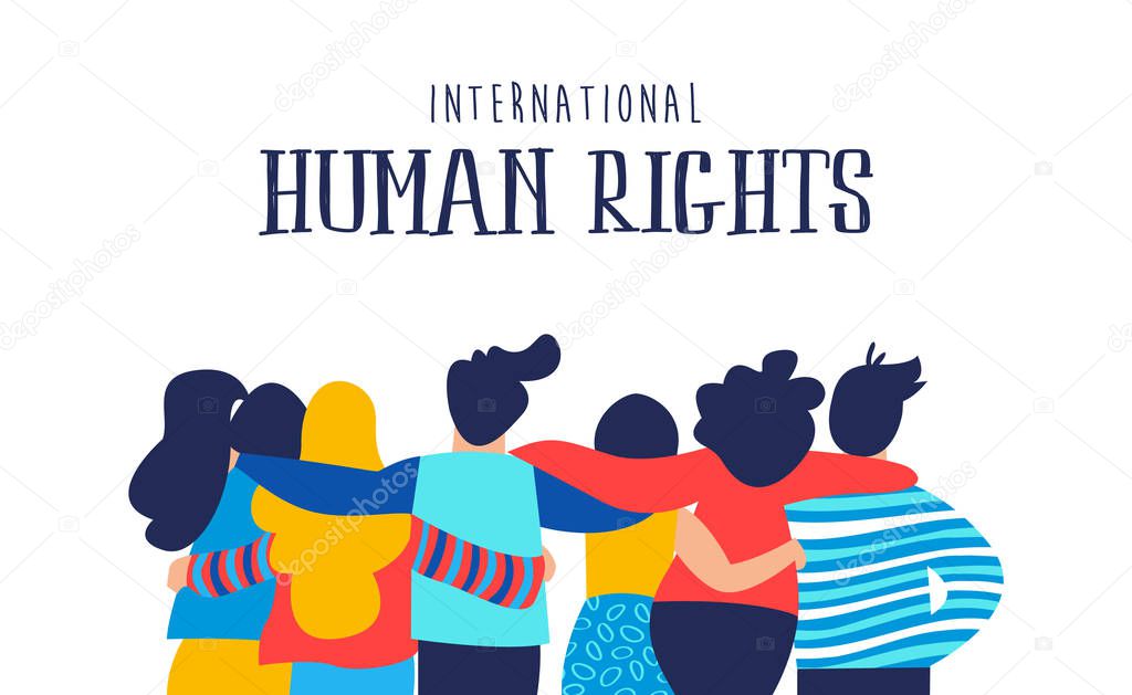 International Human Rights month illustration for global equality and peace with diverse people friend group.