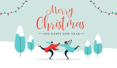 Neşeli Noel ve mutlu yeni yıl Illustration genç yetişkin çift buz pateni kış park peyzaj üzerinde. Romantik tatil tasarım web banner veya tebrik kartı için. Eps10 vektör.
