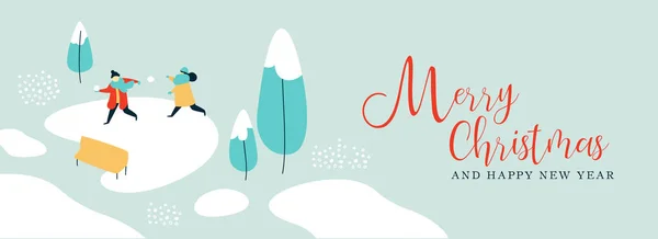 Veselé Vánoce Šťastný Nový Rok Ilustrace Dětí Hraní Sněhem Park — Stockový vektor