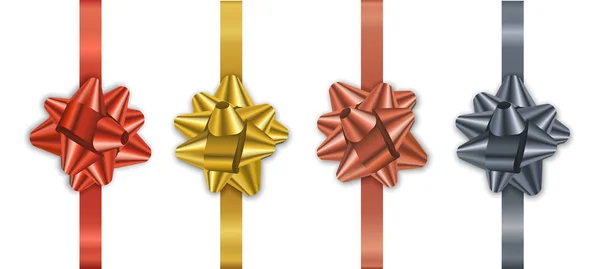 Christmas Ribbon Bow Collection Realistic Metallic Color Holiday Gift Box — Stock Vector