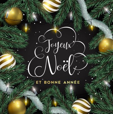Fransızca dil neşeli Noel mutlu yeni yıl kartı. Altın süsler, Noel ışıkları ve çam ağacı arka plan. Daveti veya mevsim tebrik için lüks tatil tasarım.
